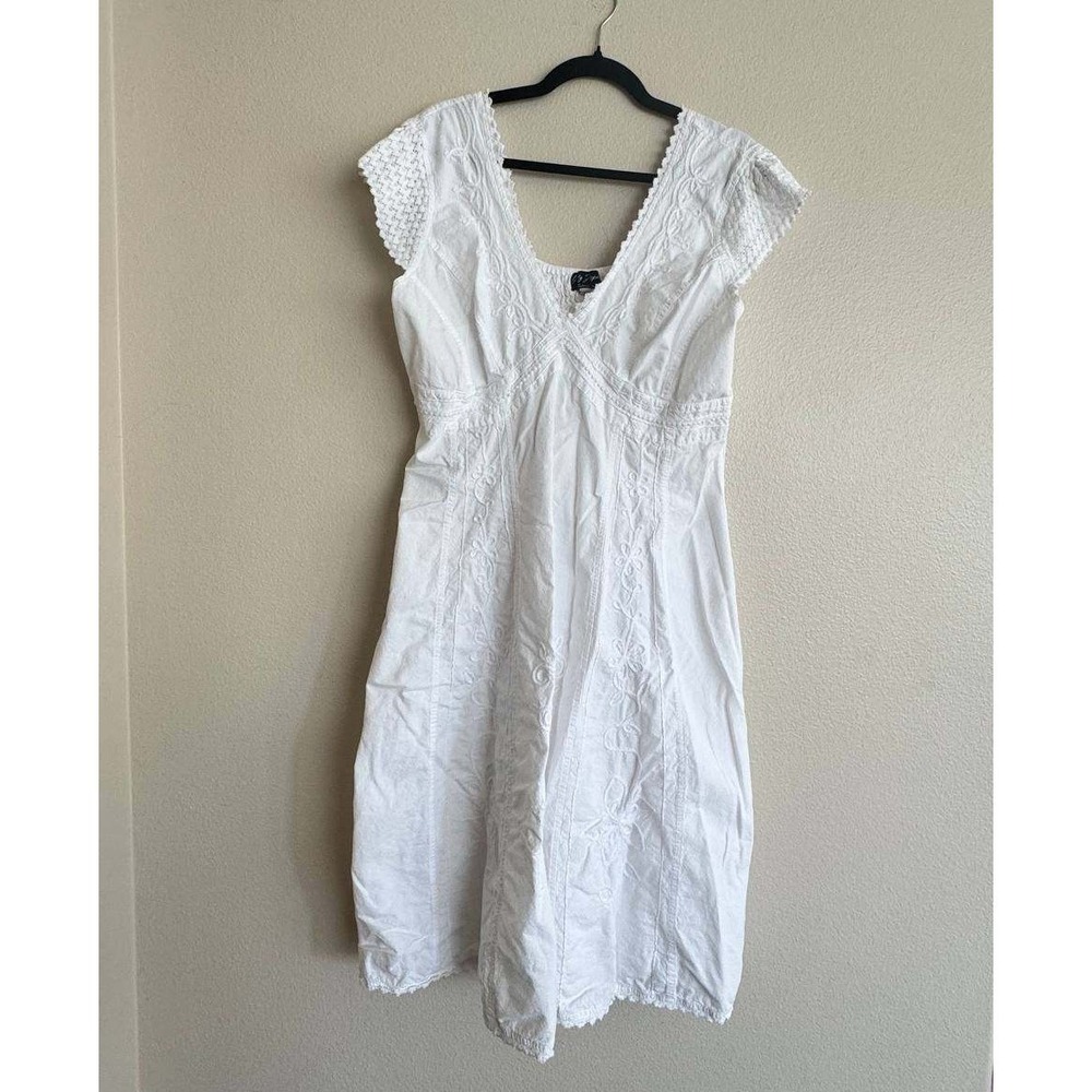 Vintage White Embroidered Boho Smocked Dress Gretty Zueger L Y2K Cottagecore